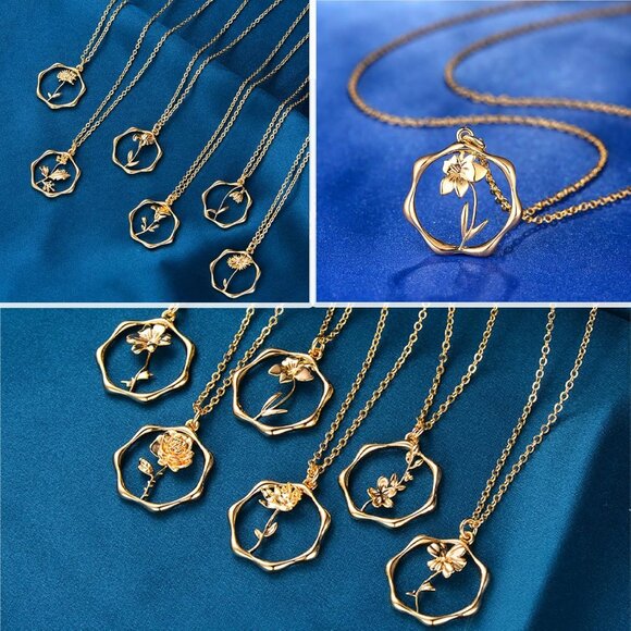 Gold Necklace for Women Layered Birth Flower Necklaces 18K Gold Plated Custom Bi - Picture 5 of 7